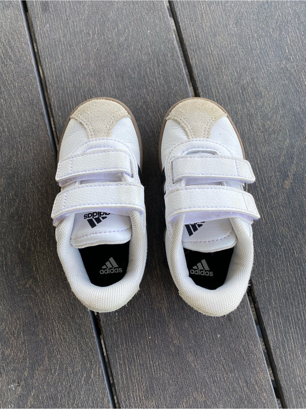 adidas Kids White Sneakers with Black Stripes and Brown Gum Sole - Picture 2 of 2